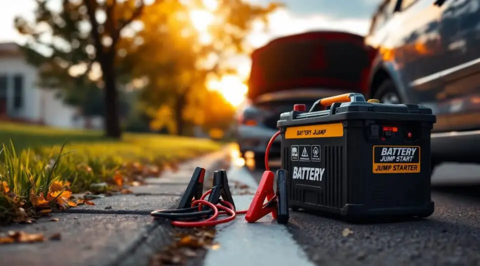 A roadside assistance technician using professional booster cables on a dead car battery in North York ON during a cold winter night.