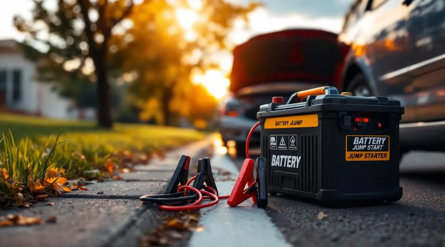 A roadside assistance technician using professional booster cables on a dead car battery in North York ON during a cold winter night.
