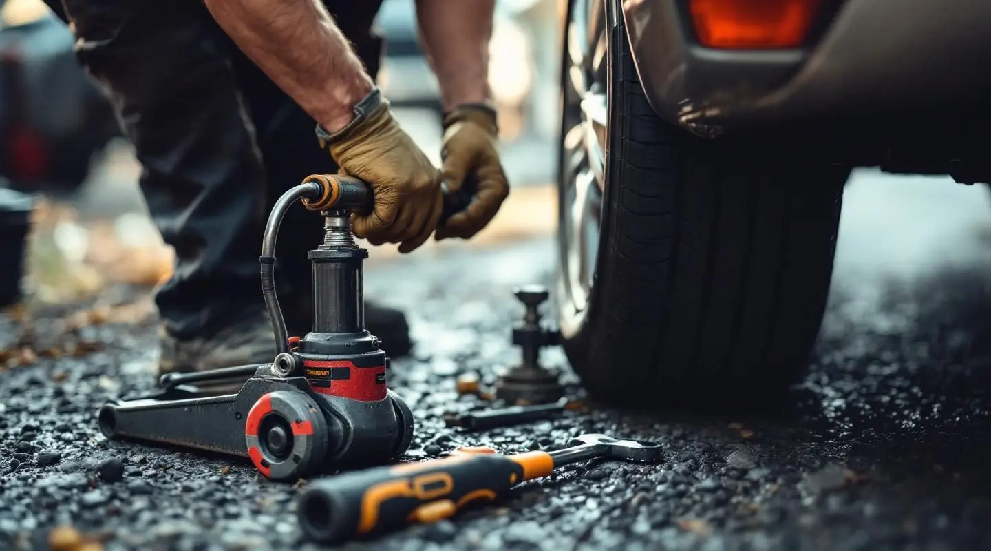Professional roadside technician changing a flat tire on a sedan on a North York ON street at dusk, reassuring mood.