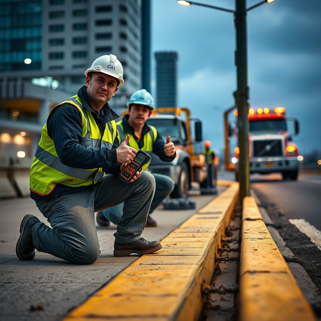 A professional tow truck operator in high-visibility safety gear securing a vehicle onto a flatbed truck.